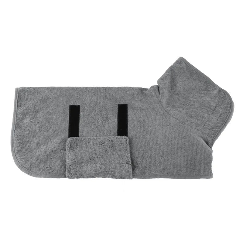 A gray, absorbent dog bathrobe with black straps and a pocket for post-bath care.