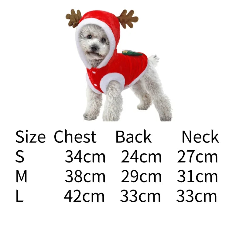 A small dog wearing a festive red fleece sweater with deer ears and a Christmas tree print.