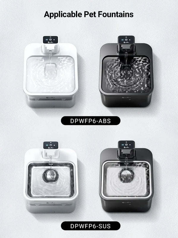 Two models of pet fountains, DPWFP6-ABS and DPWFP6-SUS, are shown with water circulating in the bowls.
