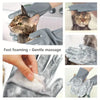 Silicone pet bathing gloves showing a cat being gently massaged and groomed.