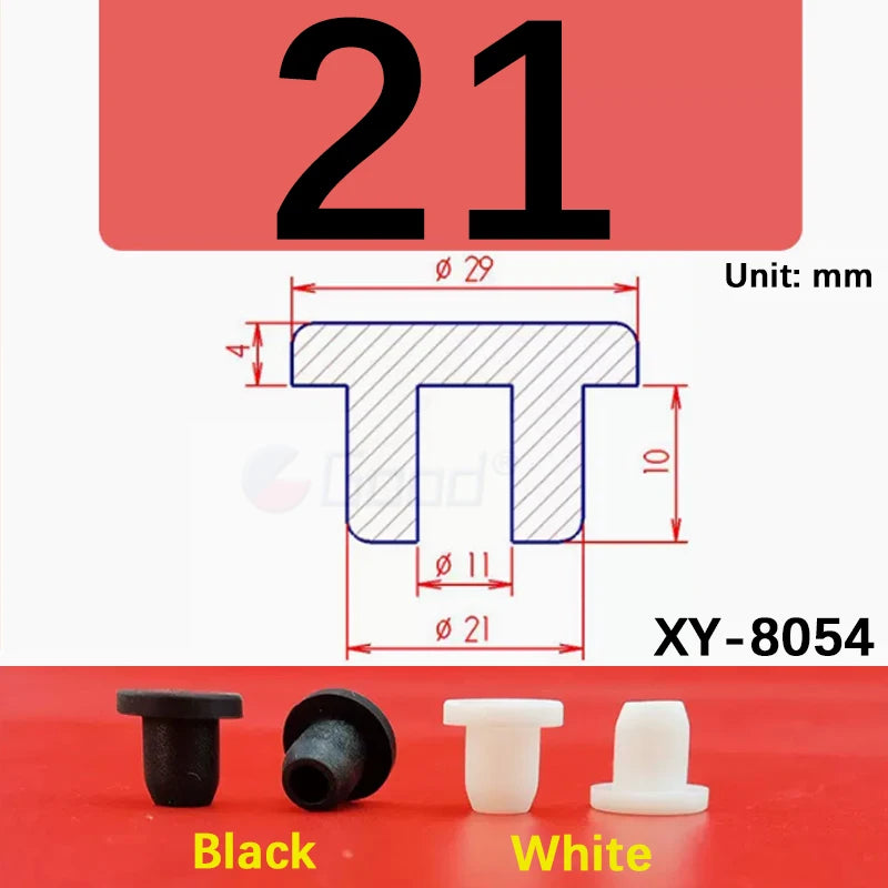 Black and white silicone rubber hole plugs shown with dimensions for sealing