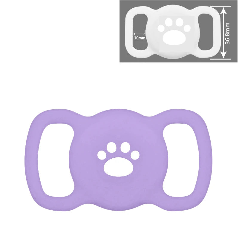 Lila Silikon AirTag-Halter mit Pfotenspuren-Design und Loop-Griffen für Tierhalsbänder