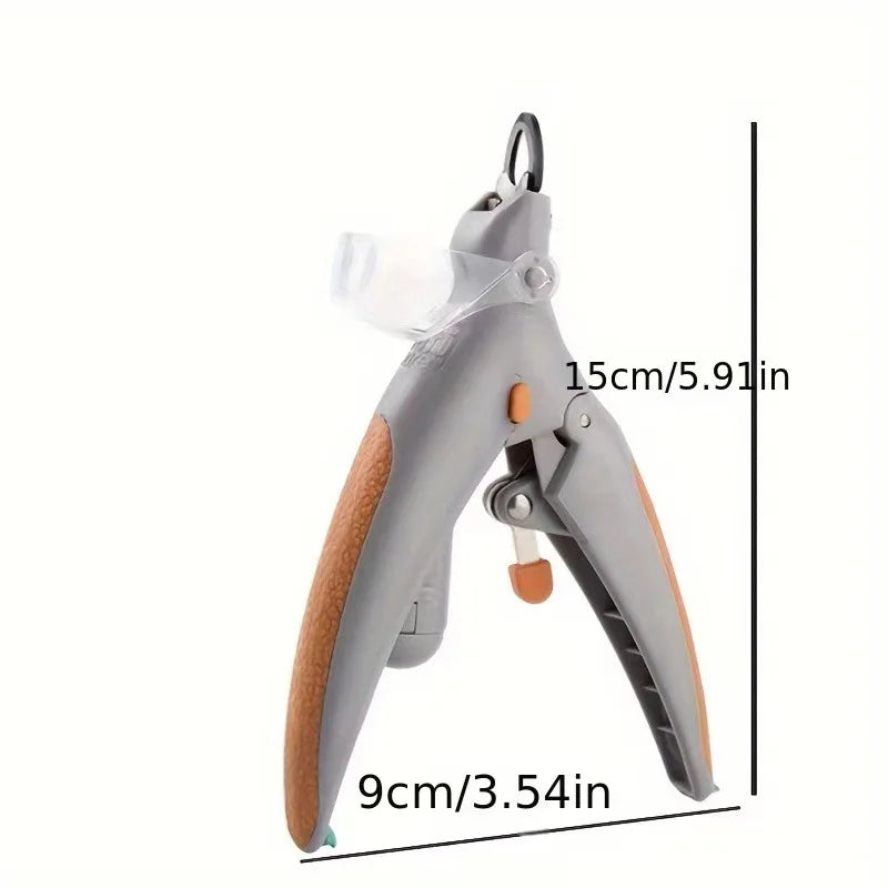 Gray stainless steel pet nail clippers with an LED light, shown in a side view.