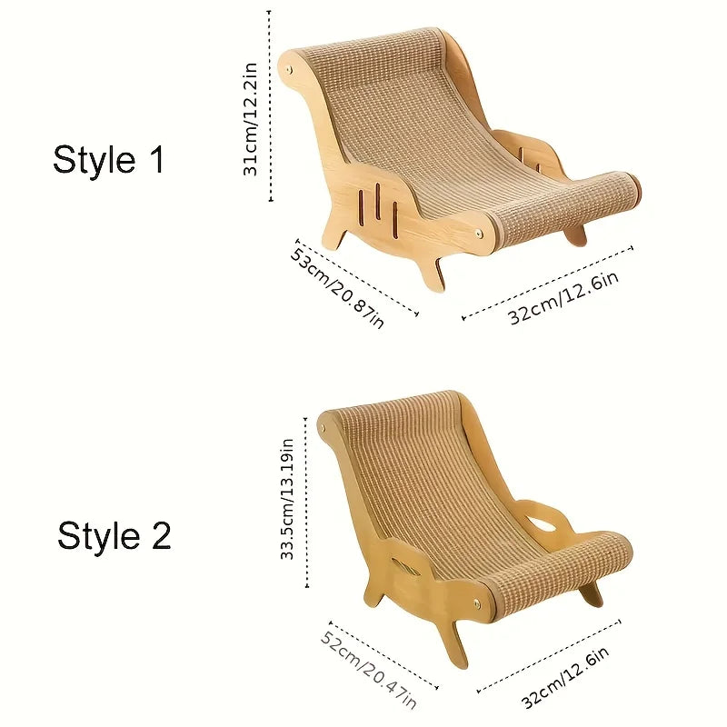 Two styles of wooden cat scratcher pads with integrated sleeping beds shown from the side.