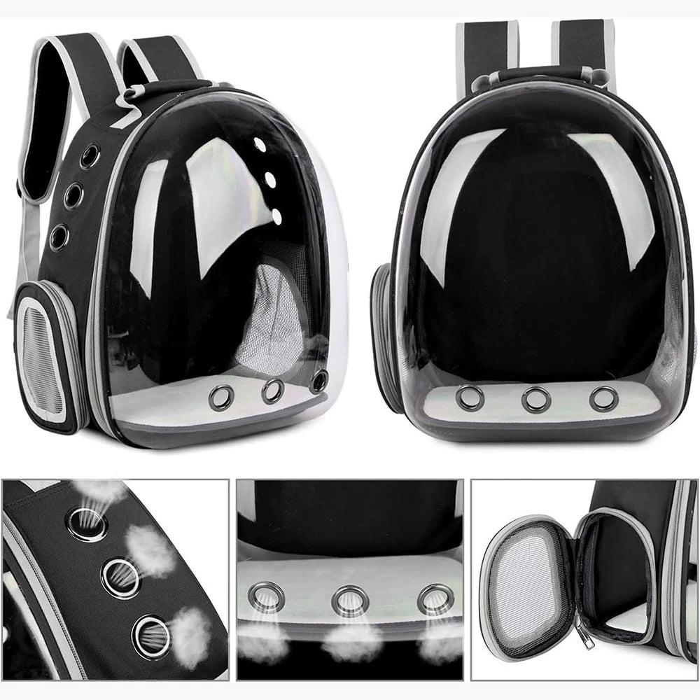 Mochila transportadora transparente y negra para mascotas, vista desde varios ángulos.
