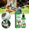 Green spray bottle of intimate pet care flea and tick spray with images of dogs and cats