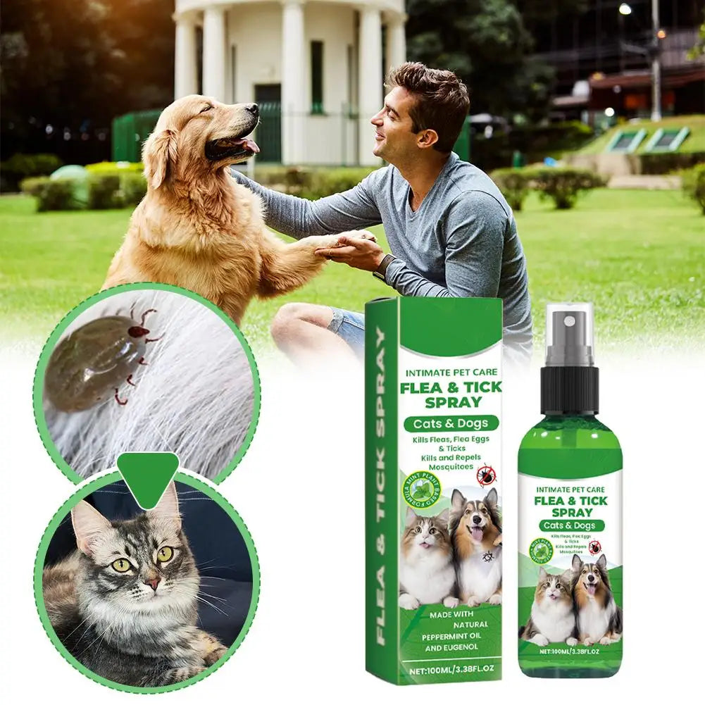 Green spray bottle of intimate pet care flea and tick spray with images of dogs and cats