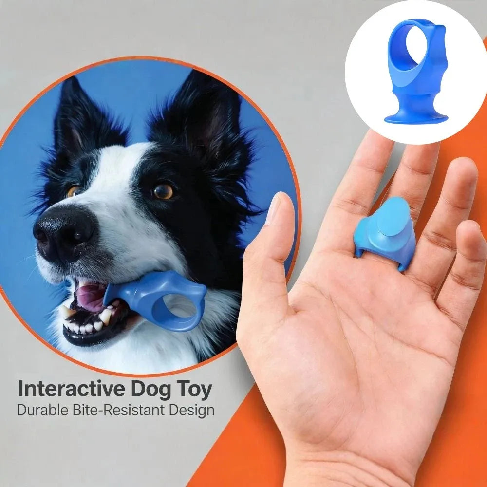 A hand holds a blue silicone pet toothbrush designed for dogs, shown next to a black and white dog face.