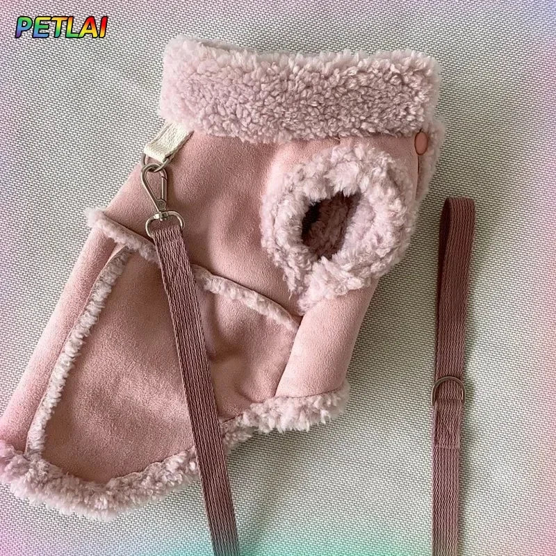 A pink, fluffy cotton dog vest with a light pink trim and strap is shown against a light green background.