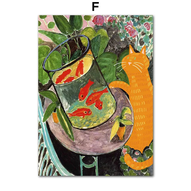 A painting featuring a potted orange cat and green foliage with vibrant colors.