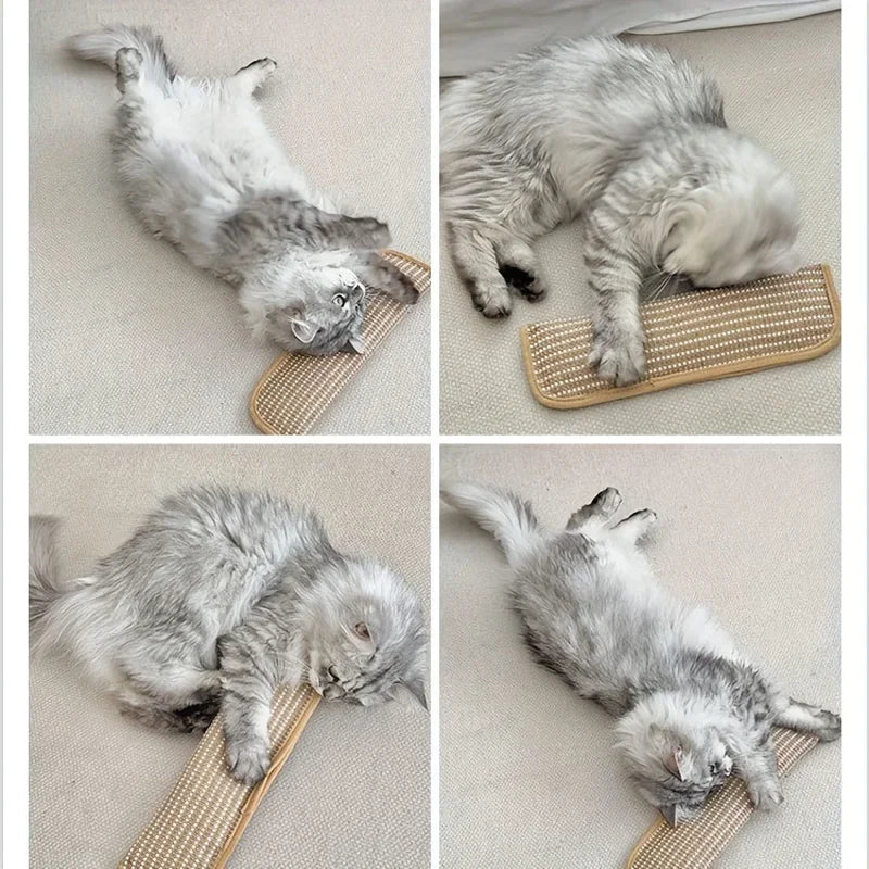 Three images showing a fluffy gray cat using a multi-functional scratcher mat and chew toy for grooming and play.