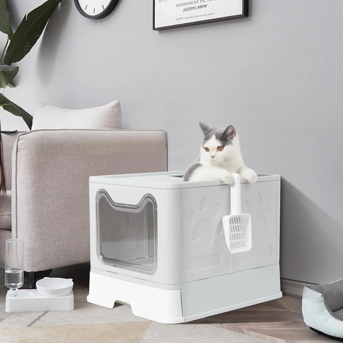 Foldable Cat Litter Box with Front Entry, Top Exit, and Drawer Tray