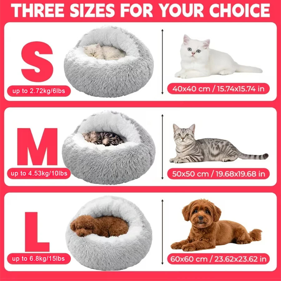 Three sizes of plush pet beds for cats and dogs: small, medium, and large.