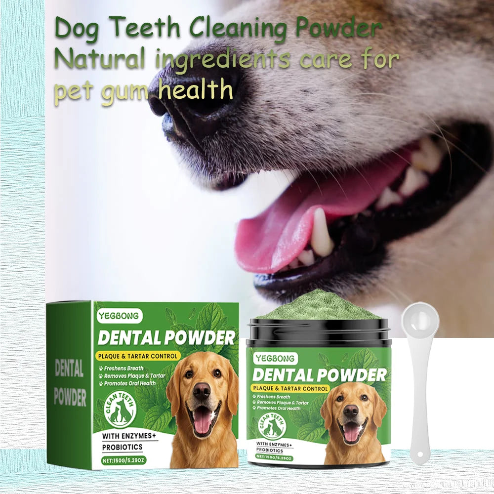 A box and jar of Yegbong Dental Powder for dogs with a dog smiling and showing teeth