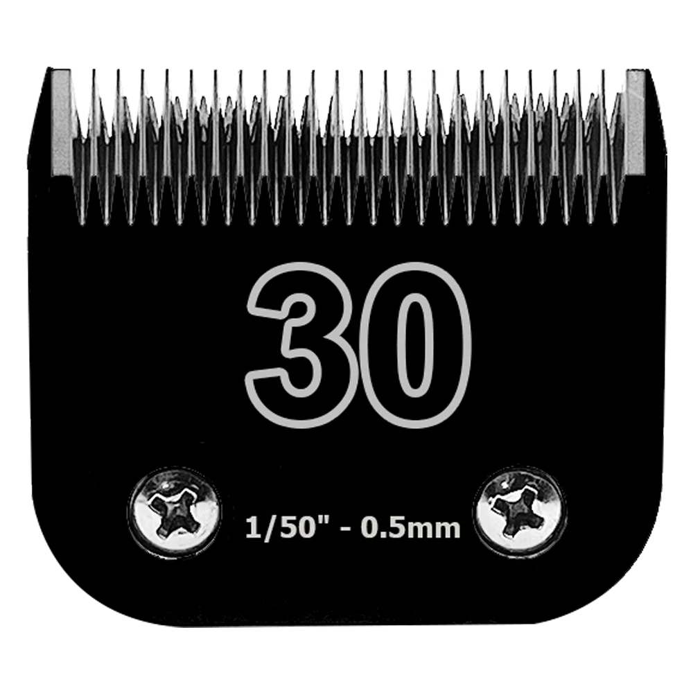 A close-up view of a professional detachable dog clipper blade set with a number 30 and a size specification of 1/50" - 0.5mm