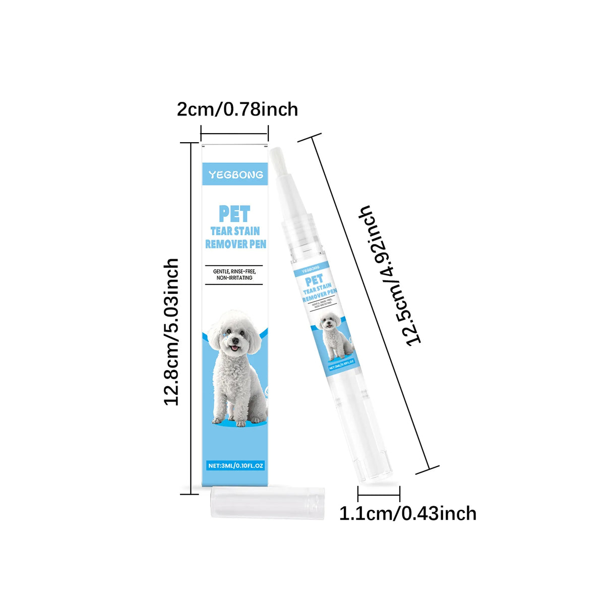Ein weißer Tränenfleckenentferner-Stift für Haustiere neben einem Lineal zur Größenanzeige.