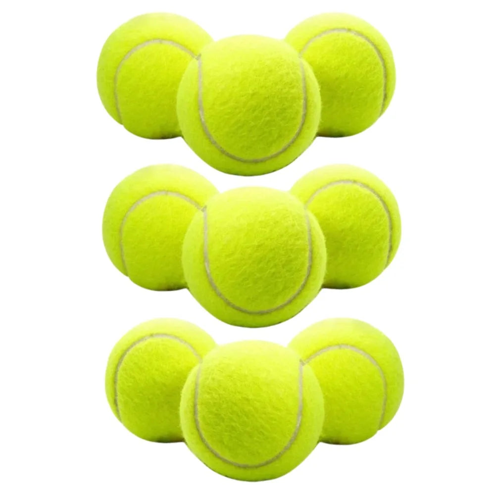 A set of six neon yellow tennis balls shown against a white background.