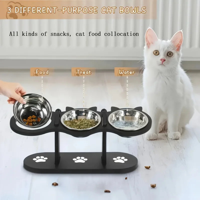 Comedero Elevado para Gatos de 3 Niveles con Base de Madera y Acero Inoxidable