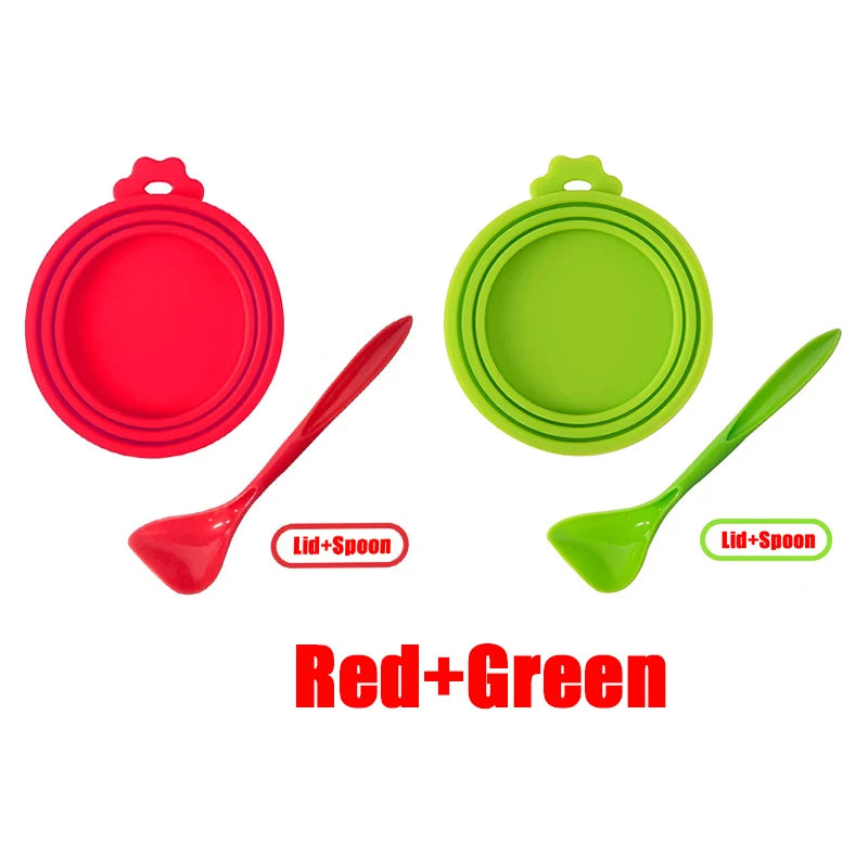 Red and green reusable silicone pet food can lid and spoon set