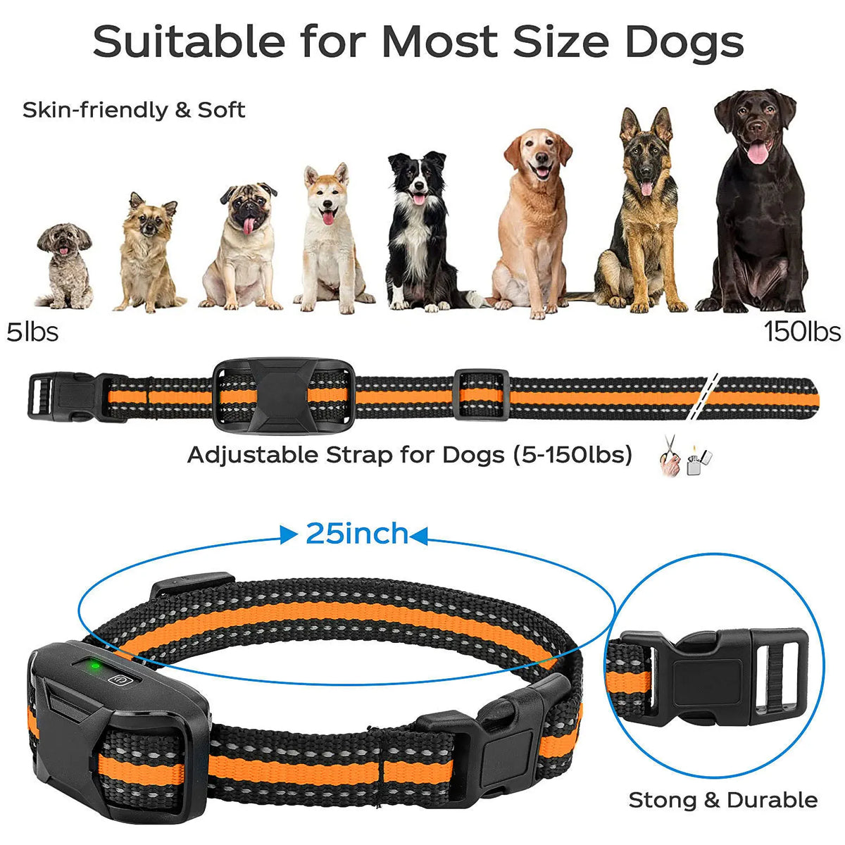 Collar ajustable para perro naranja y negro, apto para perros de 5 a 150 libras