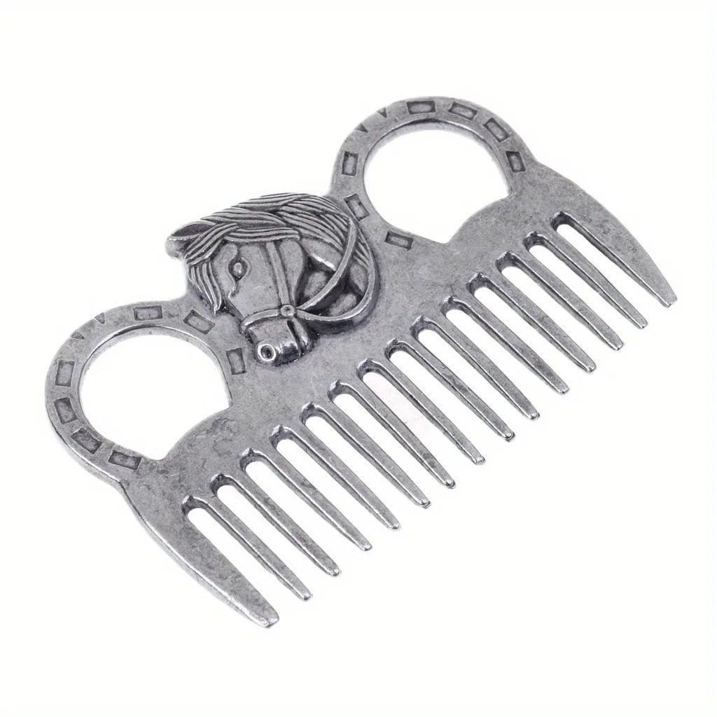 Peigne à crinière en aluminium argenté avec dents et poignée.