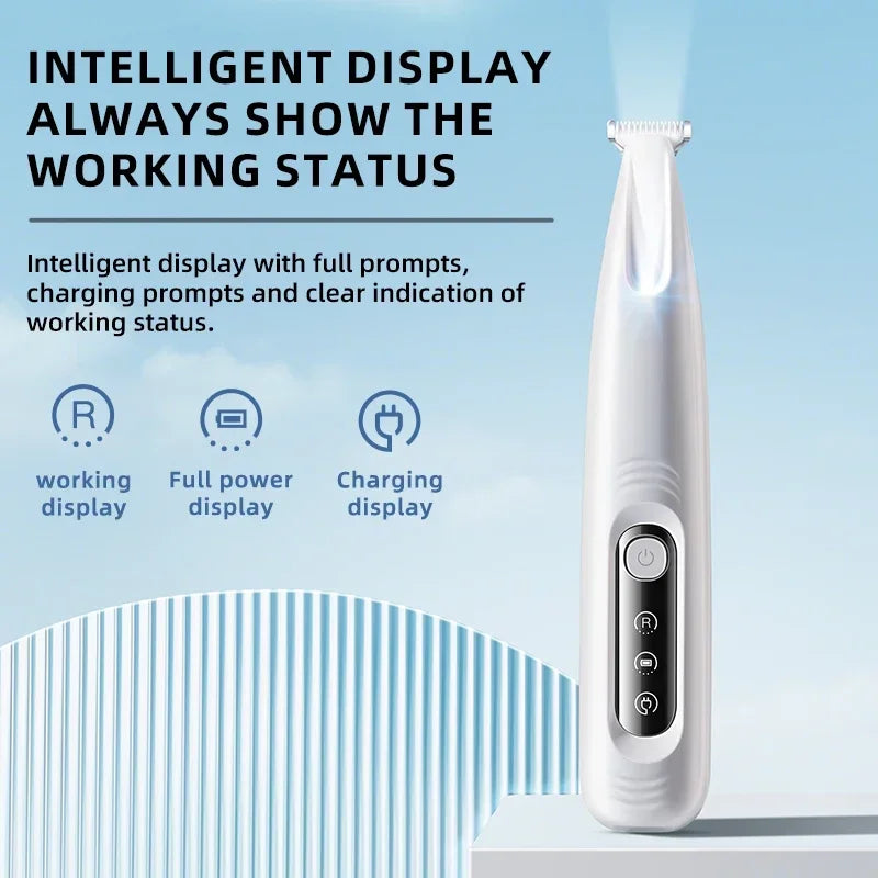 A white portable dog grooming trimmer with an intelligent display showing working, power, and charging status.
