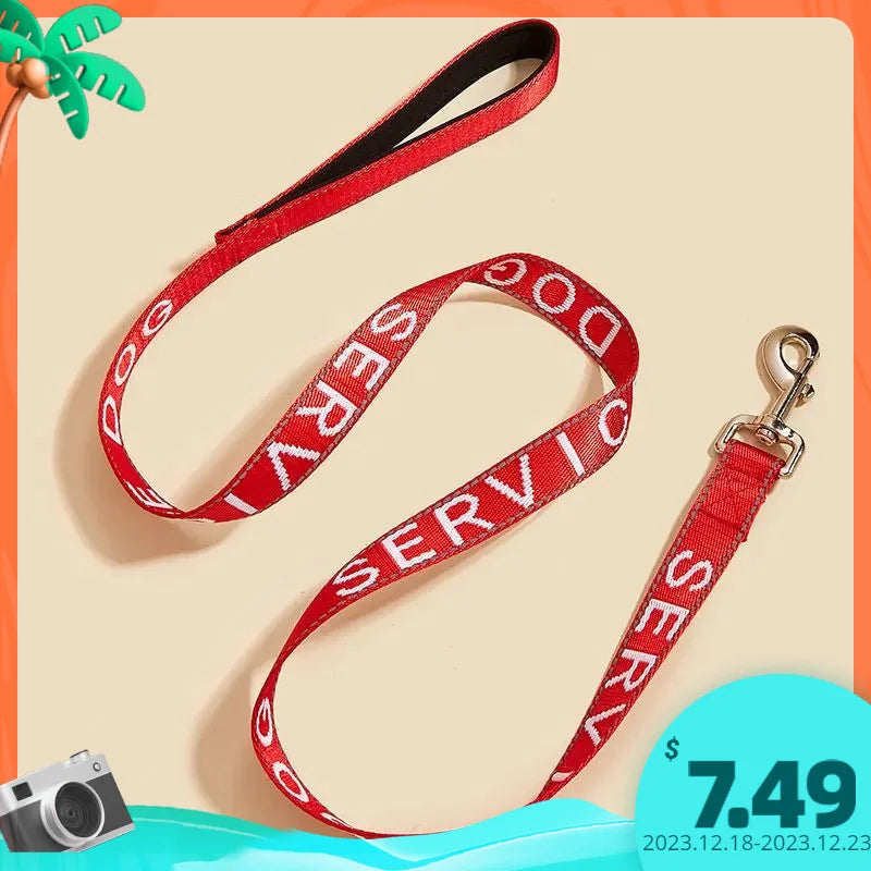 A red reflective service dog leash with a padded neoprene handle is displayed against a light background.