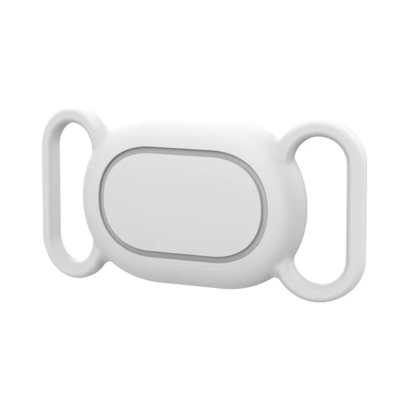 A white silicone protective case for a pet tracker with a collar mount.