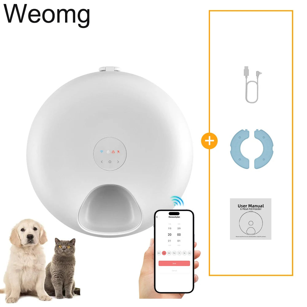 Weißer automatischer Nassfutterspender für Haustiere mit Komponenten und Smartphone-Schnittstelle.
