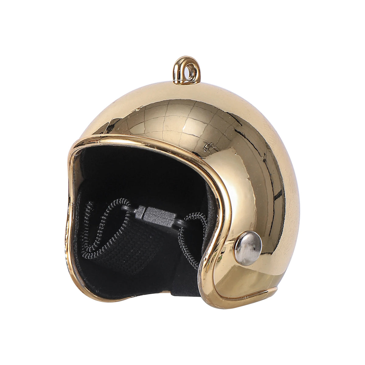 A shiny gold adjustable bird safety helmet with a black interior and a silver stud.
