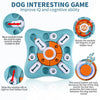 A light blue dog puzzle toy with multiple modules and buttons designed to improve a dog's cognitive ability.