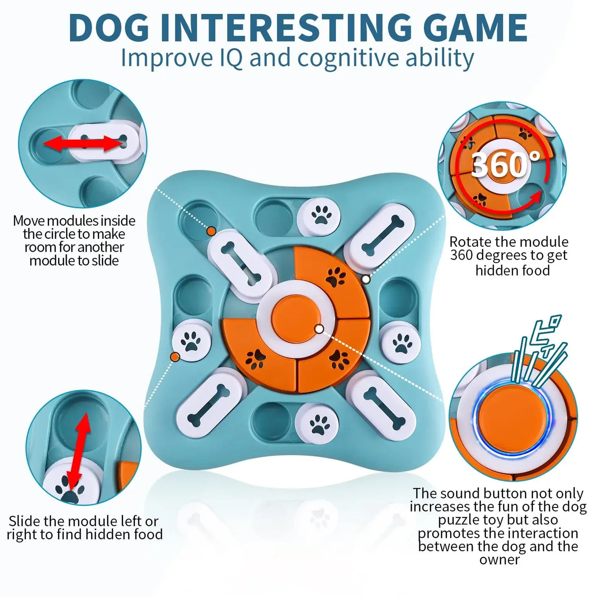A light blue dog puzzle toy with multiple modules and buttons designed to improve a dog's cognitive ability.
