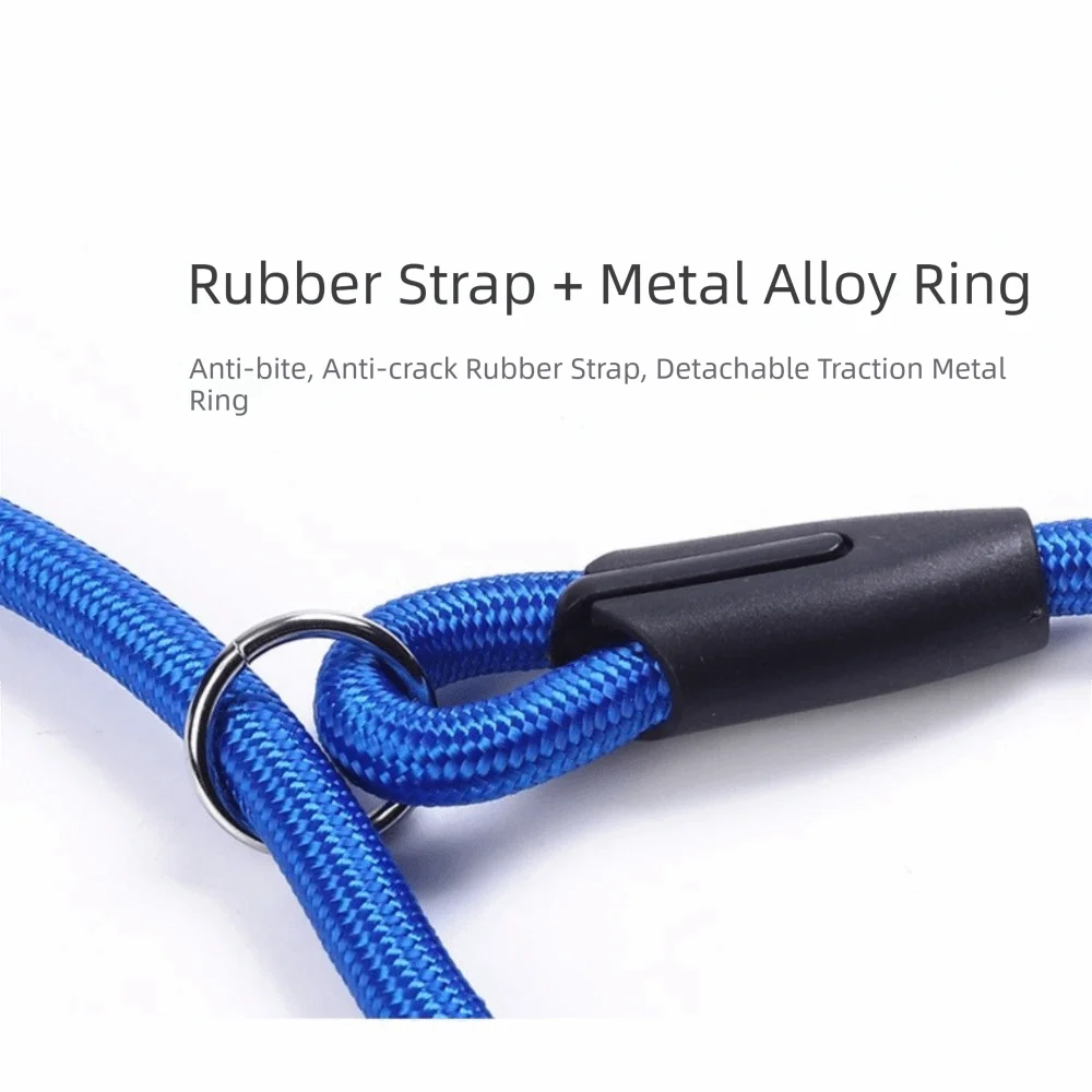 Blue nylon dog slip leash with a metal alloy ring and black clip.