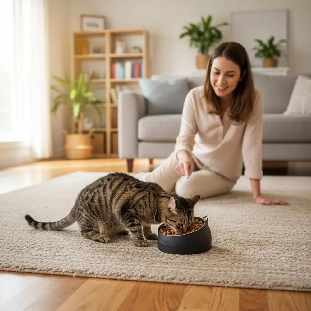 A tabby cat is eating from an ergonomic stainless steel pet bowl on a beige rug indoors.