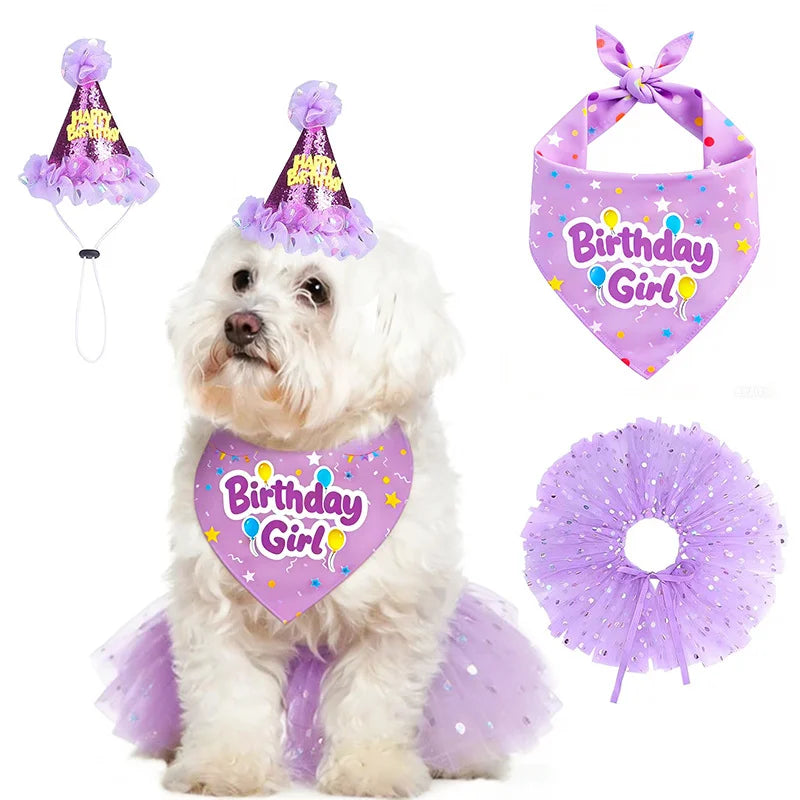 Pet Birthday Party Accessory Set with Bandana, Tutu Skirt & Hat
