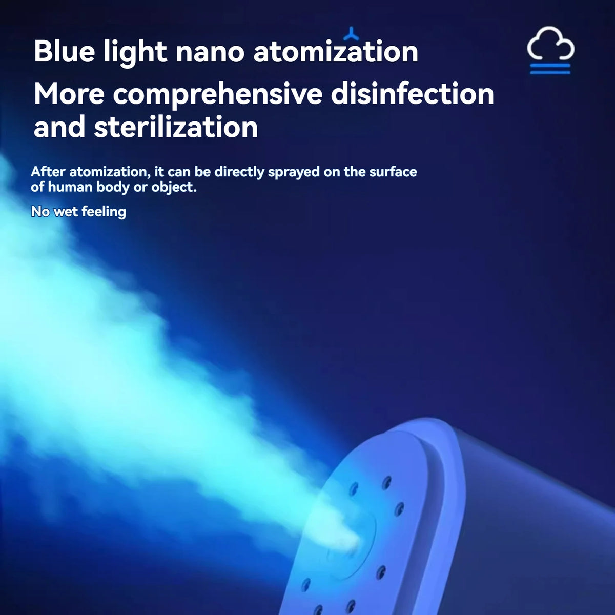 A blue light nano atomization device spraying a fine mist onto a surface.