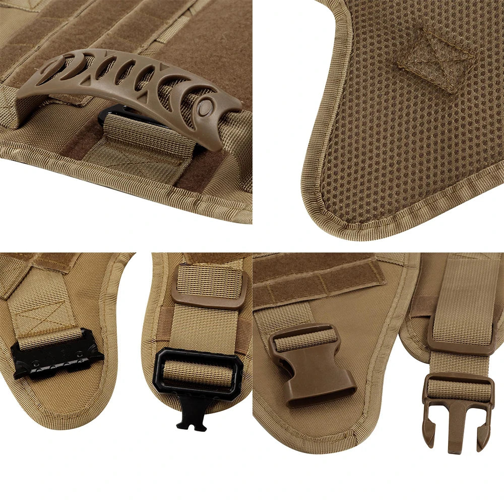 A set of durable dog harness and leash components in tan leather and fabric.