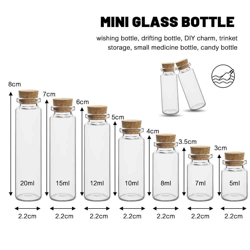 A set of ten mini glass bottles with cork stoppers in various sizes, ranging from 5ml to 20ml.