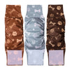 Three reusable adjustable belly bands for male dogs in brown and light blue patterns.
