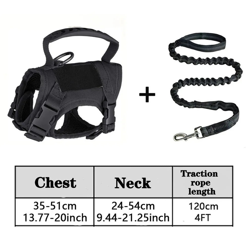 Black adjustable mesh pet harness with a neck strap and traction rope for control