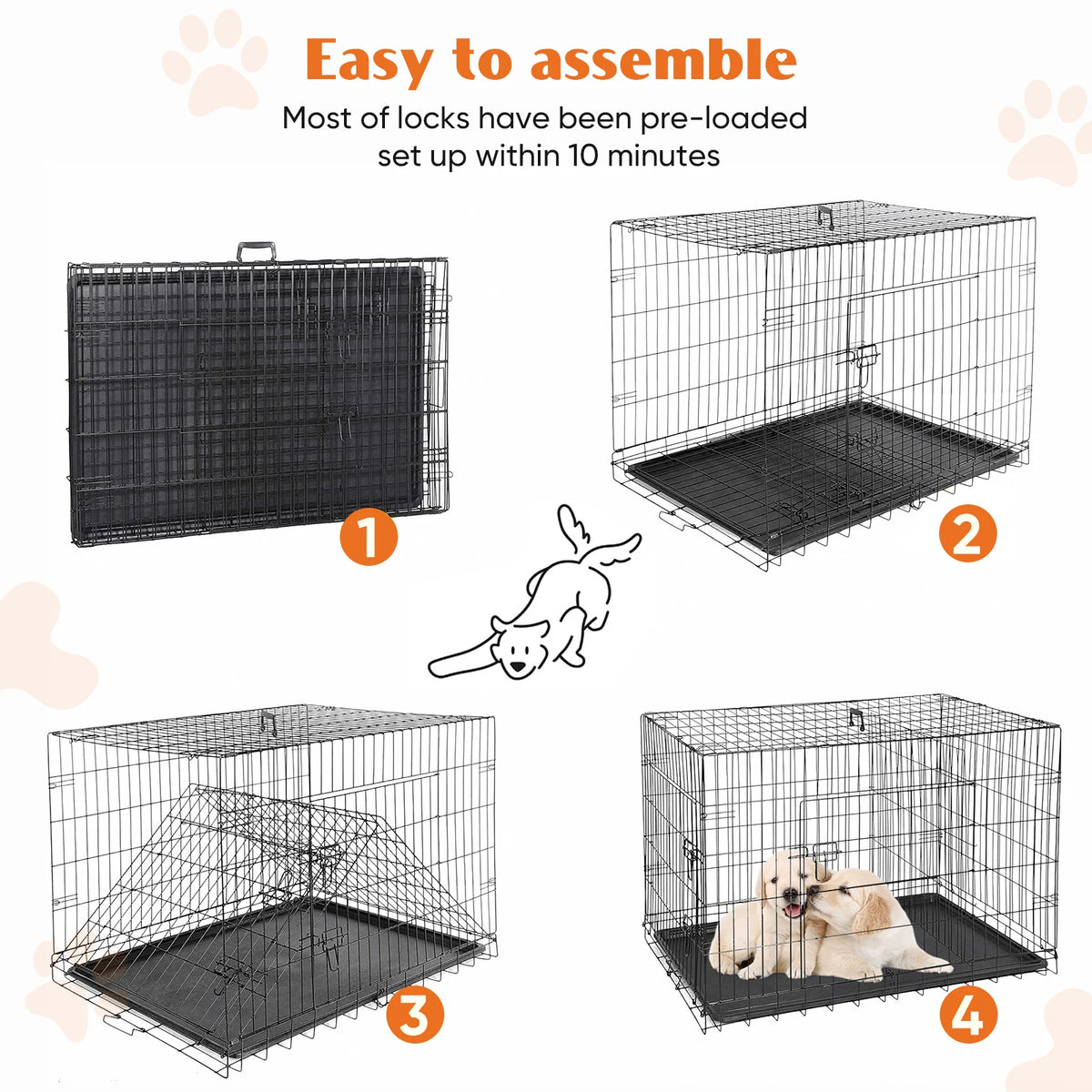 Extra-Large Foldable Metal Dog Crate with Double Doors and Leak-Proof Tray