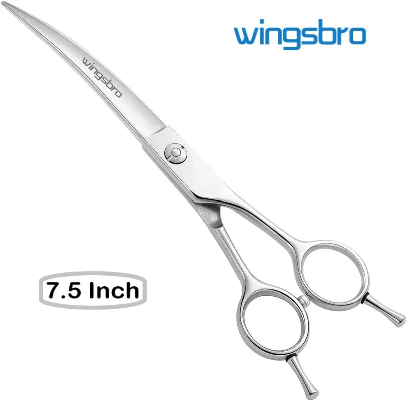Silver professional curved pet grooming scissors with a 7.5 inch measurement mark.