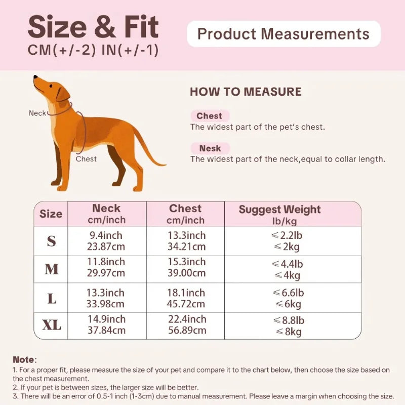 Size and fit chart for a pet harness and leash set showing measurements for small to extra-large sizes