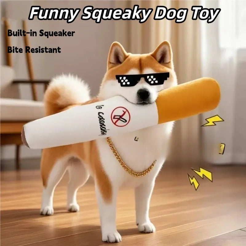 An orange and white dog toy shaped like a cigar for squeaking.
