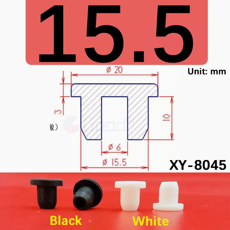 Black and white silicone rubber hole plugs shown with technical drawing and product variations