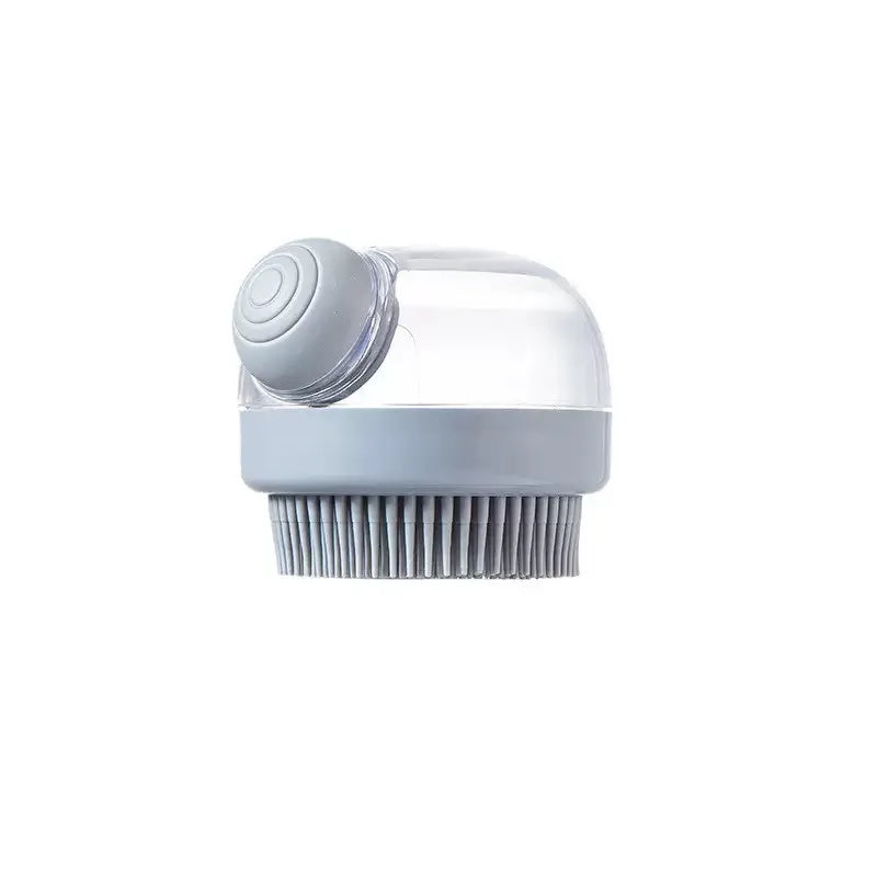 A white pet bath brush with soft silicone bristles for dogs and cats.