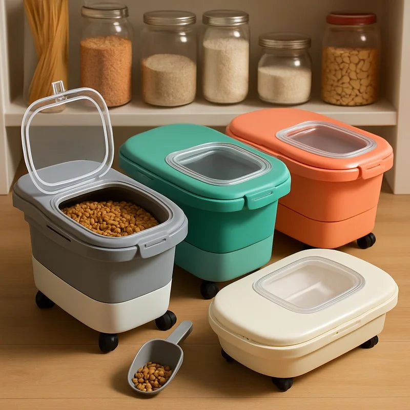 A collection of collapsible airtight pet food storage containers in various colors and sizes, with a small serving spoon near