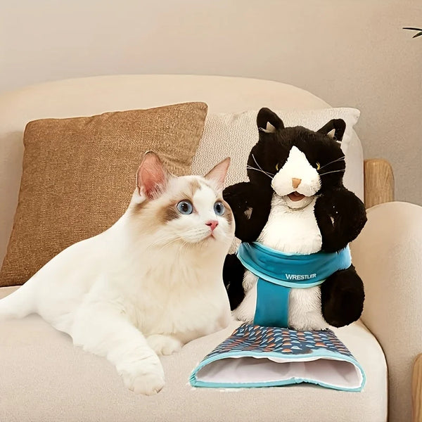 A white and black cat toy featuring poseable limbs, designed for interactive play.