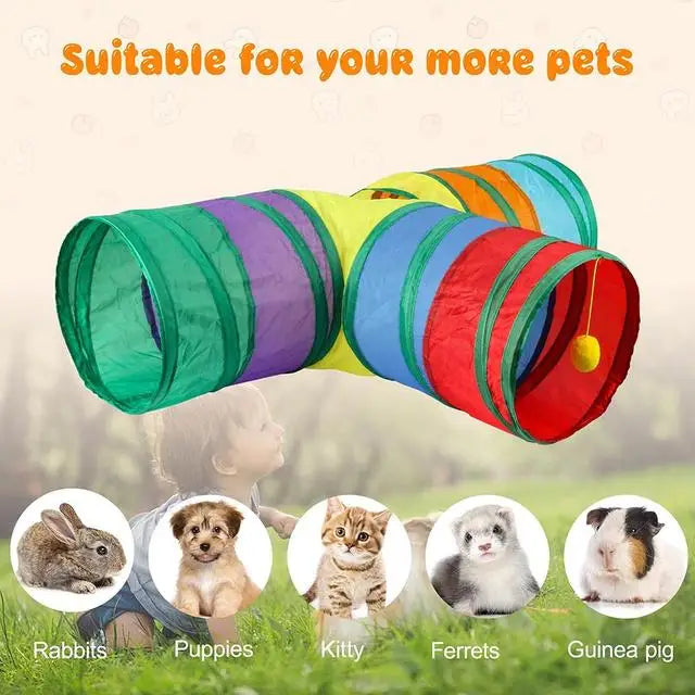 A colorful collapsible 3-way bunny tunnel and hideout for small pets shown in various shades of green, purple, yellow, and re