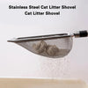 A stainless steel cat litter shovel is shown scooping litter into a container.